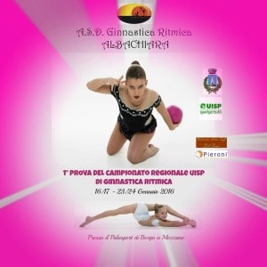 Locandina gara ginnastica ritmica albachiara, con una ballerina al centro