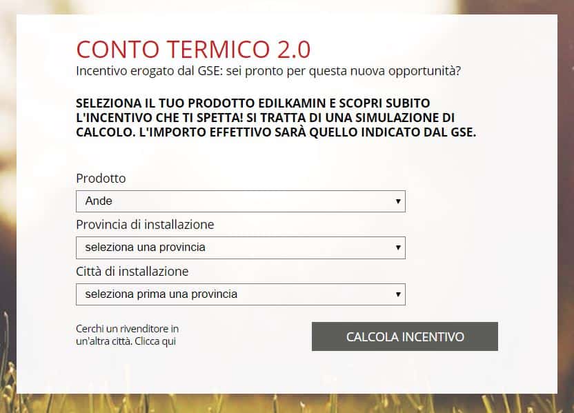 Screenshot del calcolatore Conto Termico 2.0 sul sito Edilkamin